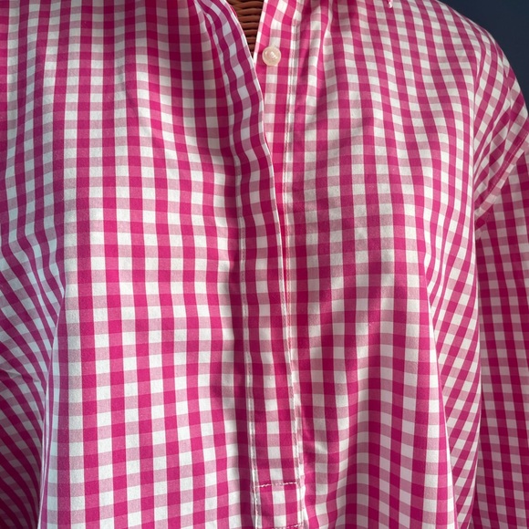 Lands’ End Women’s Top Pink White Gingham Check Cotton No Iron 24W Spring - Picture 2 of 12